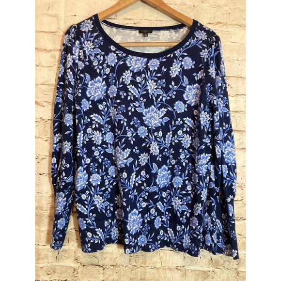 Talbots Sweater Womens 1X Navy Blue Floral Lightweight Pullover Plus Stretch - Picture 1 of 14